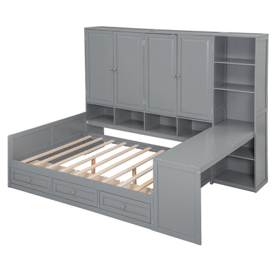 Full Size Wooden Daybed With Three Drawers, and All-in-One Cabinet, Desk and Shelves, Gray
