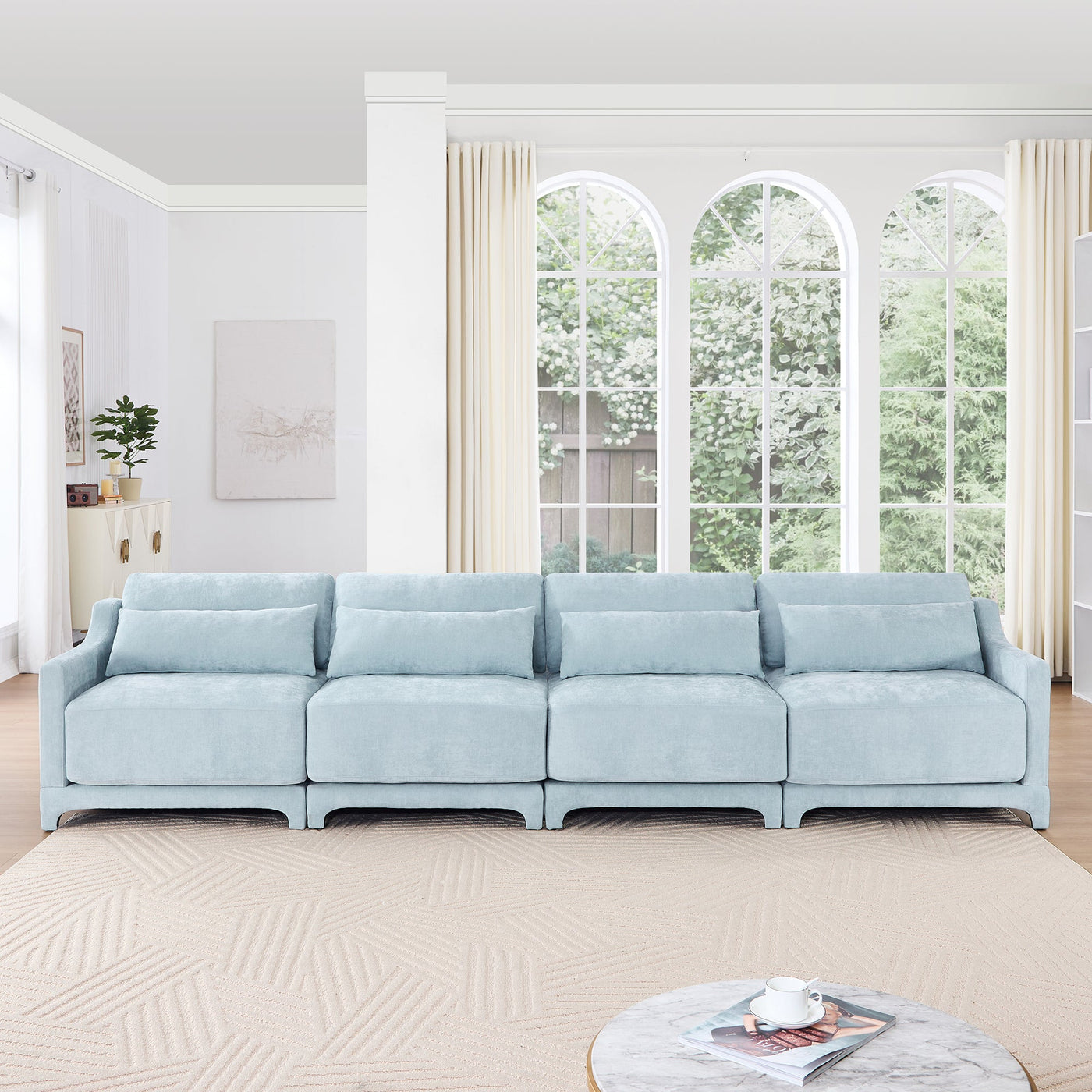 Sky Blue Four-Seater Chenille Sofa with Lumbar Pillow, Ergonomic Design, Solid Wood Frame