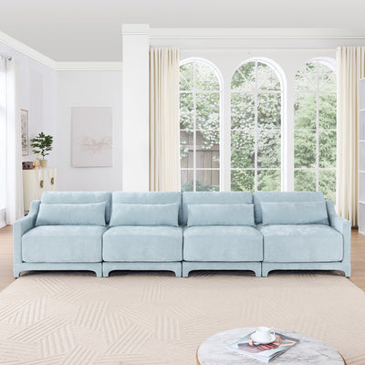 Sky Blue Four-Seater Chenille Sofa with Lumbar Pillow, Ergonomic Design, Solid Wood Frame
