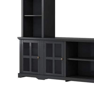 [VIDEO provided] ON-TREND Minimalism Entertainment Wall Unit with Bridge, Modern TV Console Table for TVs Up to 70', Multifunctional TV Stand with Tempered Glass Door, Black (Old SKU: SD000009AAB)