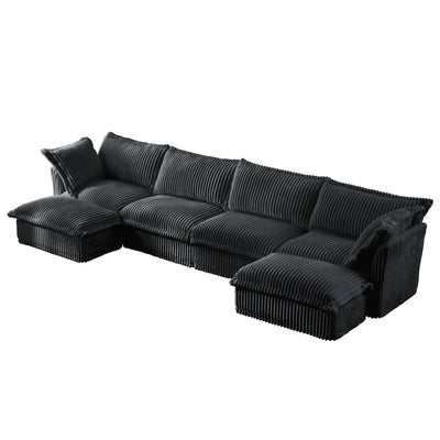 Slipcovered U Shape Sectional Wide and Deep Seat Sofa Couch, 4 Seater Sofa with French Edges Design Multiple Big Pillows, Soft Deep Seat Comfy Cloud Couch for Living Room, Apartment, Gray Corduroy