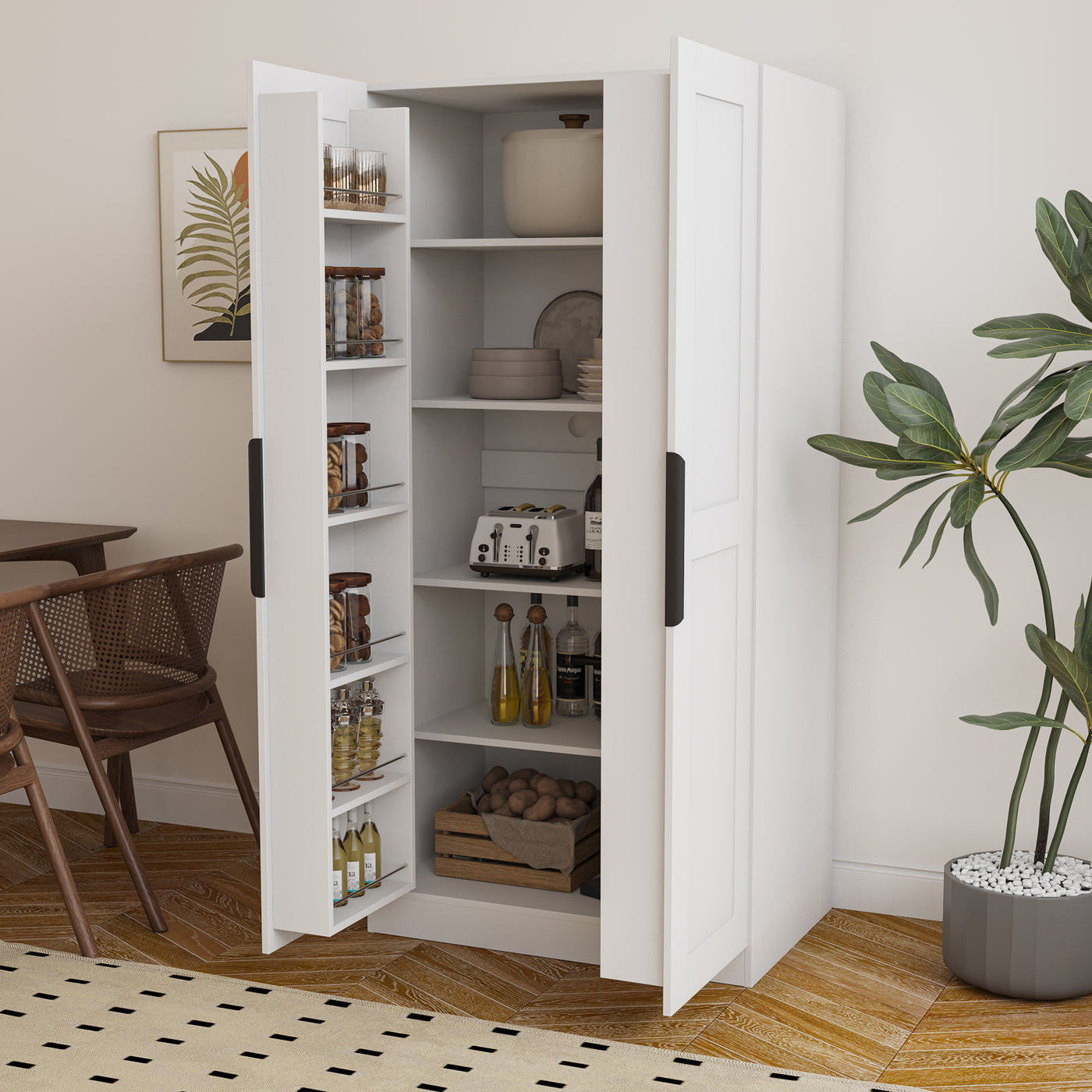 62.99in Kitchen Pantry Cabinet, White Freestanding Buffet Cupboards Sideboard with Doors &  Shelves, Kitchen Pantry Storage Cabinet for Kitchen, Living Room and Dinning Room