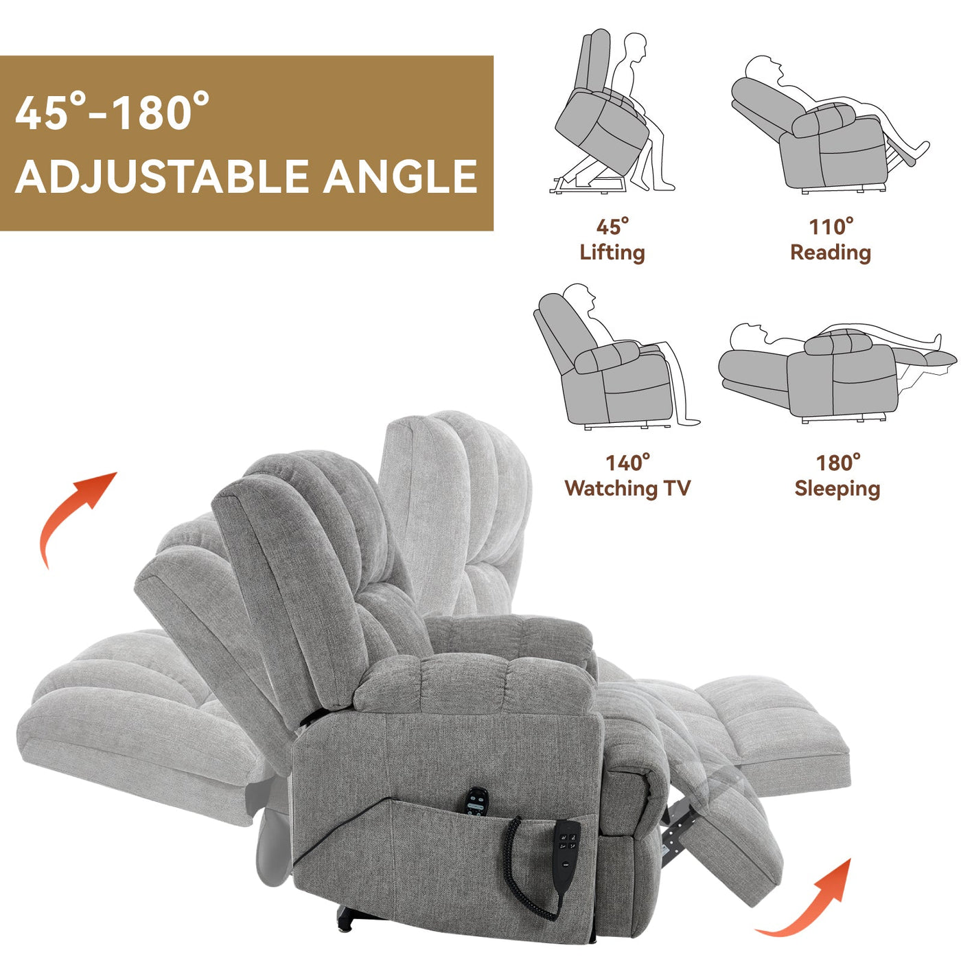 Dual Motor Heat Massage Infinite Position Up to 350 LBS Electric Power Lift Recliners with Power-Remote, Medium-firm and Heavy Duty, Light Grey