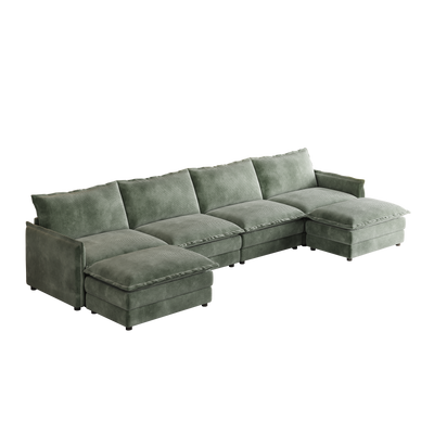 Corduroy Fabric 4-Seater Comfy Cloud Couch with 2 Movable Footrest for Living Room,Oversized Deep Seat U-Shaped Couch Set, Upholstered Large Size Deep Seat Sofa with 4 cushions