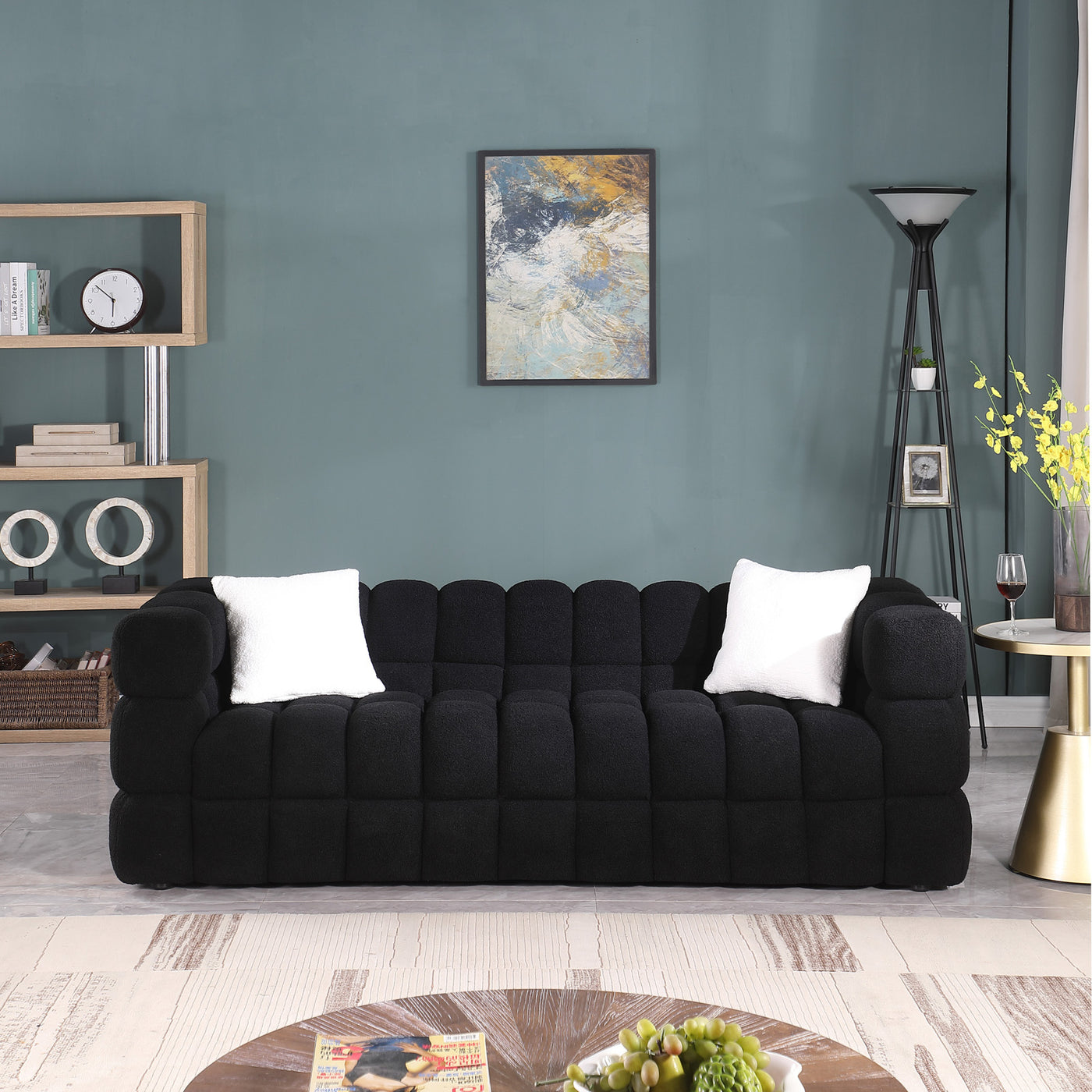 84.3 length ,35.83' deepth ,human body structure for USA people,  marshmallow sofa,boucle sofa ,black color,3 seater