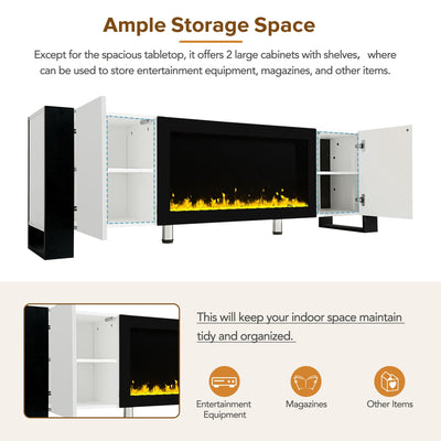 ON-TREND Modern TV Stand with 34.2' Non-heating Electric Fireplace, High Gloss Entertainment Center with 2 Cabinets, Media Console for TVs up to 78', White