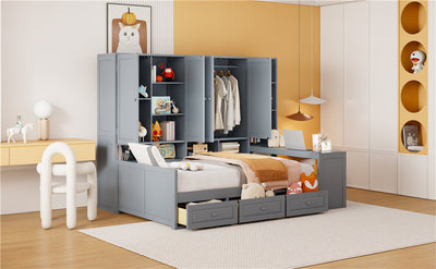 Full Size Wooden Daybed With Three Drawers, and All-in-One Cabinet, Desk and Shelves, Gray