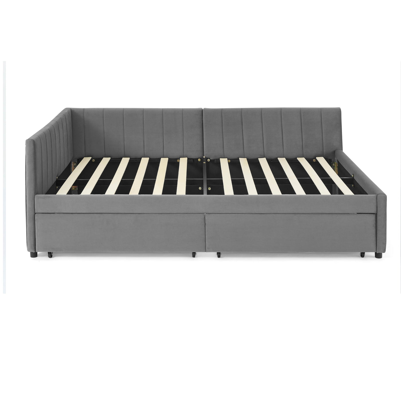 Full Size Upholstered Tufted Bed Frame with Two Drawers, Sofa Bed Frame with Comfortable Backrest and Armrests, Velvet, Grey(79.5''x58''x25'')
