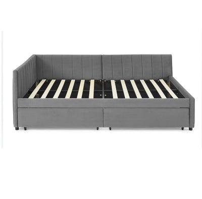 Full Size Upholstered Tufted Bed Frame with Two Drawers, Sofa Bed Frame with Comfortable Backrest and Armrests, Velvet, Grey(79.5''x58''x25'')