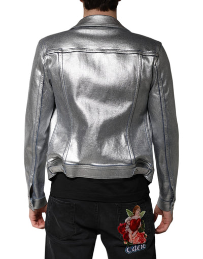 Dolce & Gabbana Silver Cotton Button Down Denim Biker Jacket