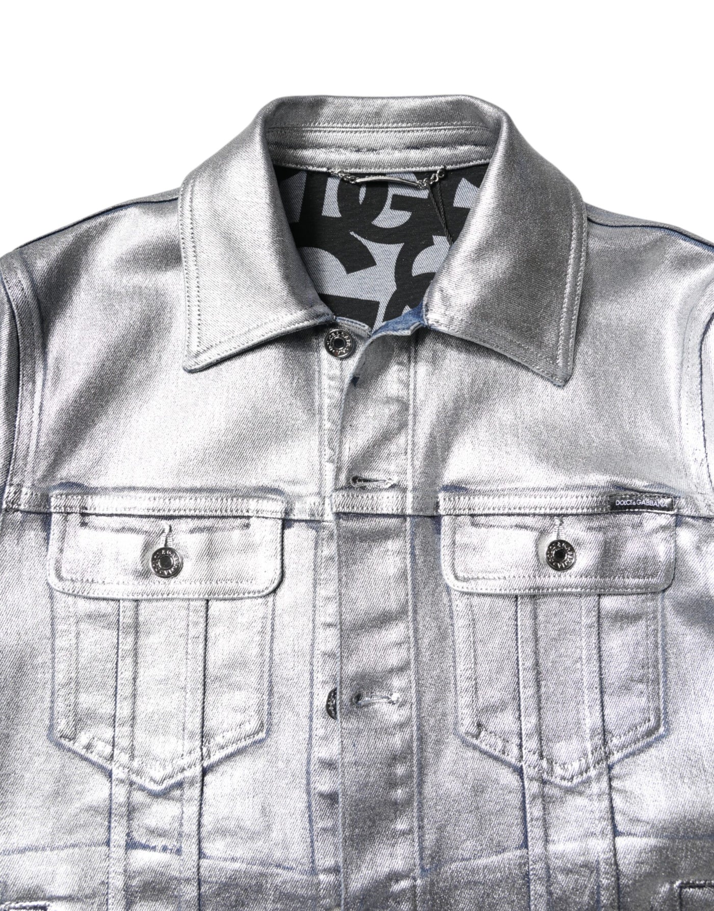 Dolce & Gabbana Silver Cotton Button Down Denim Biker Jacket