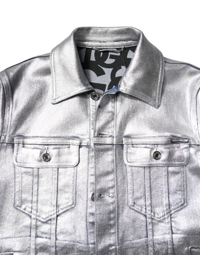 Dolce & Gabbana Silver Cotton Button Down Denim Biker Jacket