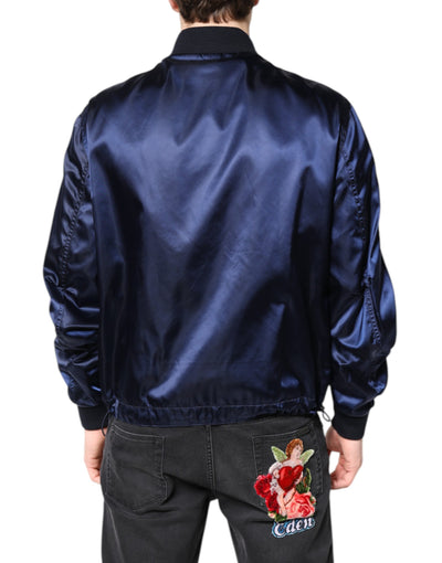 Dolce & Gabbana Blue Nylon DG Crown Full Zip Bomber Jacket