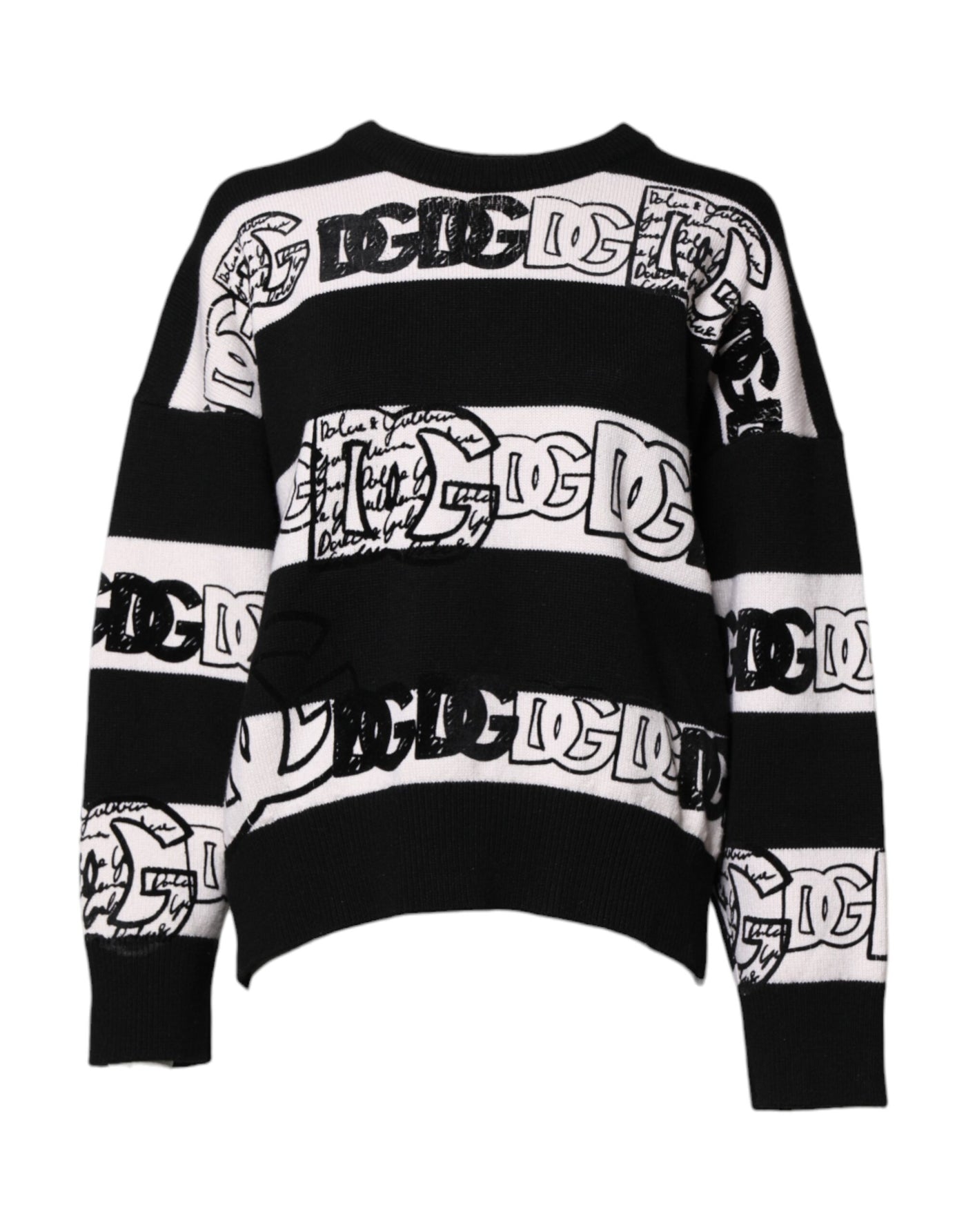 Dolce & Gabbana Black White Logo Print Wool Pullover Sweater