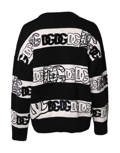 Dolce & Gabbana Black White Logo Print Wool Pullover Sweater