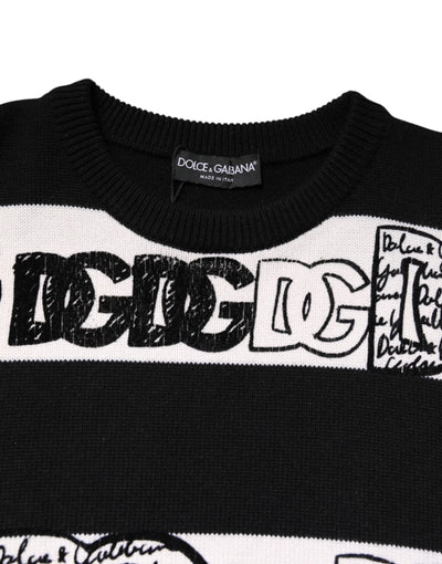 Dolce & Gabbana Black White Logo Print Wool Pullover Sweater