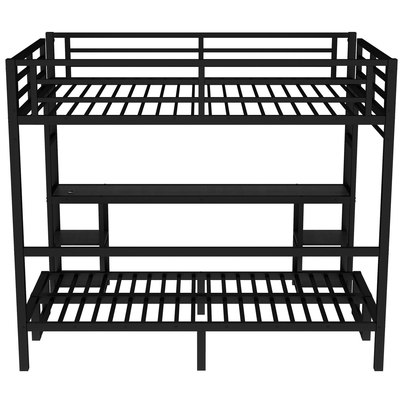 Queen Over Twin XL Metal Bunk Bed/Loft Bed with Desk and Shelves, Multiple Uses Folds into Sofa with LED and USB, Black