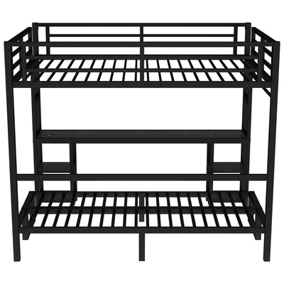 Queen Over Twin XL Metal Bunk Bed/Loft Bed with Desk and Shelves, Multiple Uses Folds into Sofa with LED and USB, Black