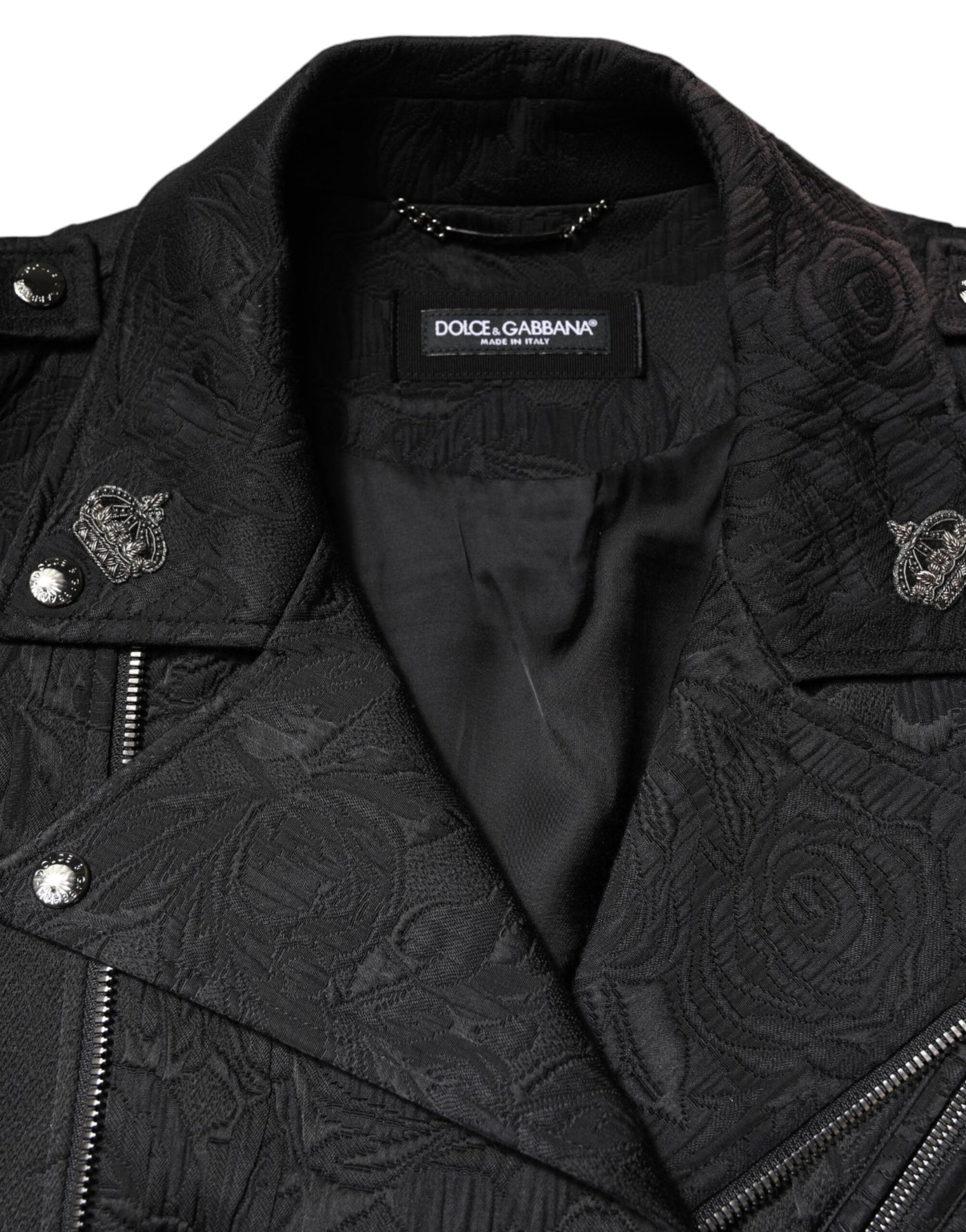 Dolce & Gabbana Black Brocade Cotton Full Zip Biker Jacket