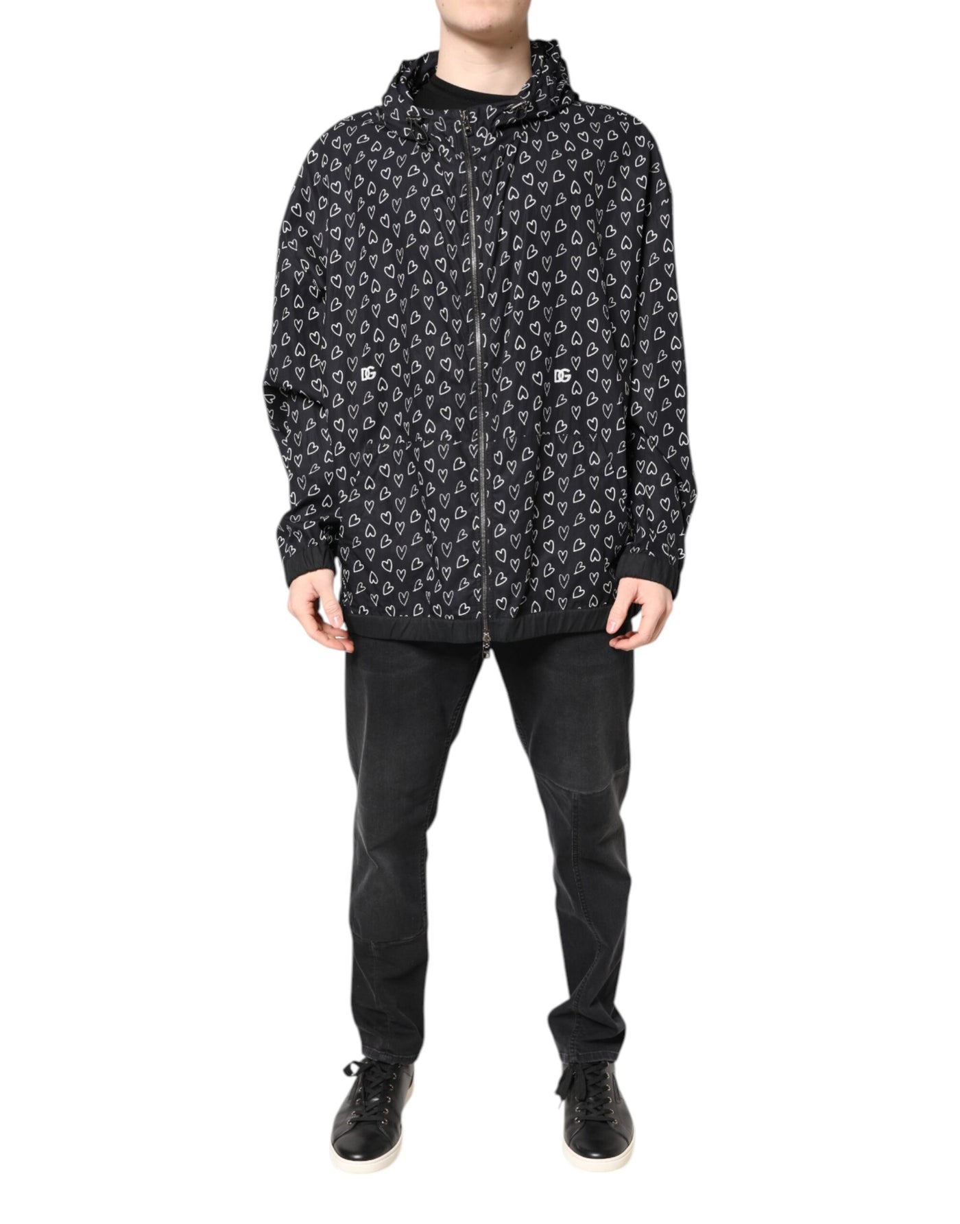 Dolce & Gabbana Black Heart Print Hooded Windbreaker Jacket