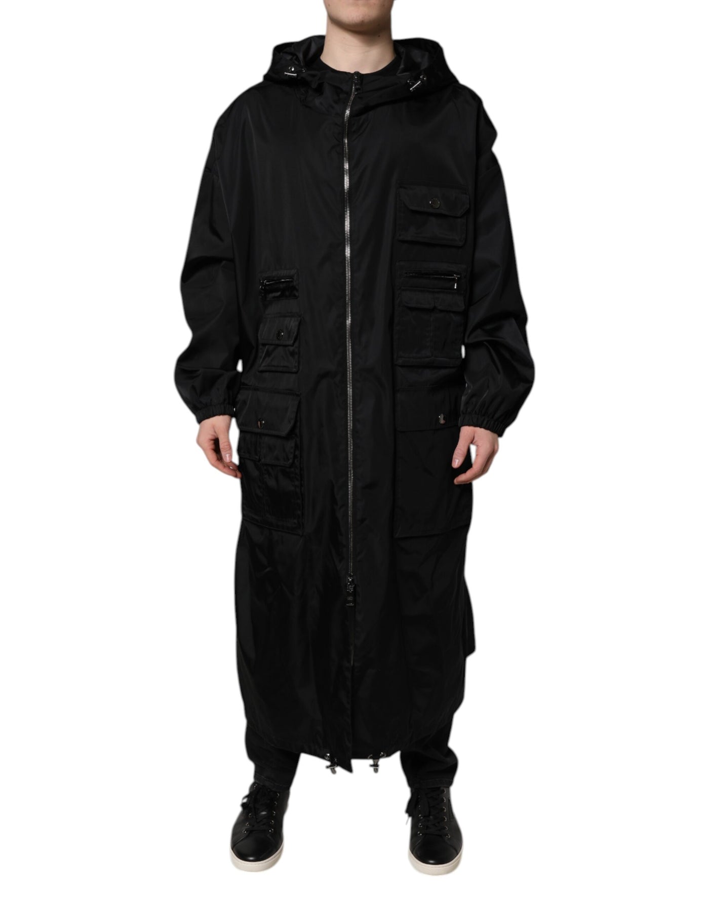 Dolce & Gabbana Black Hooded Long Men Windbreaker Jacket