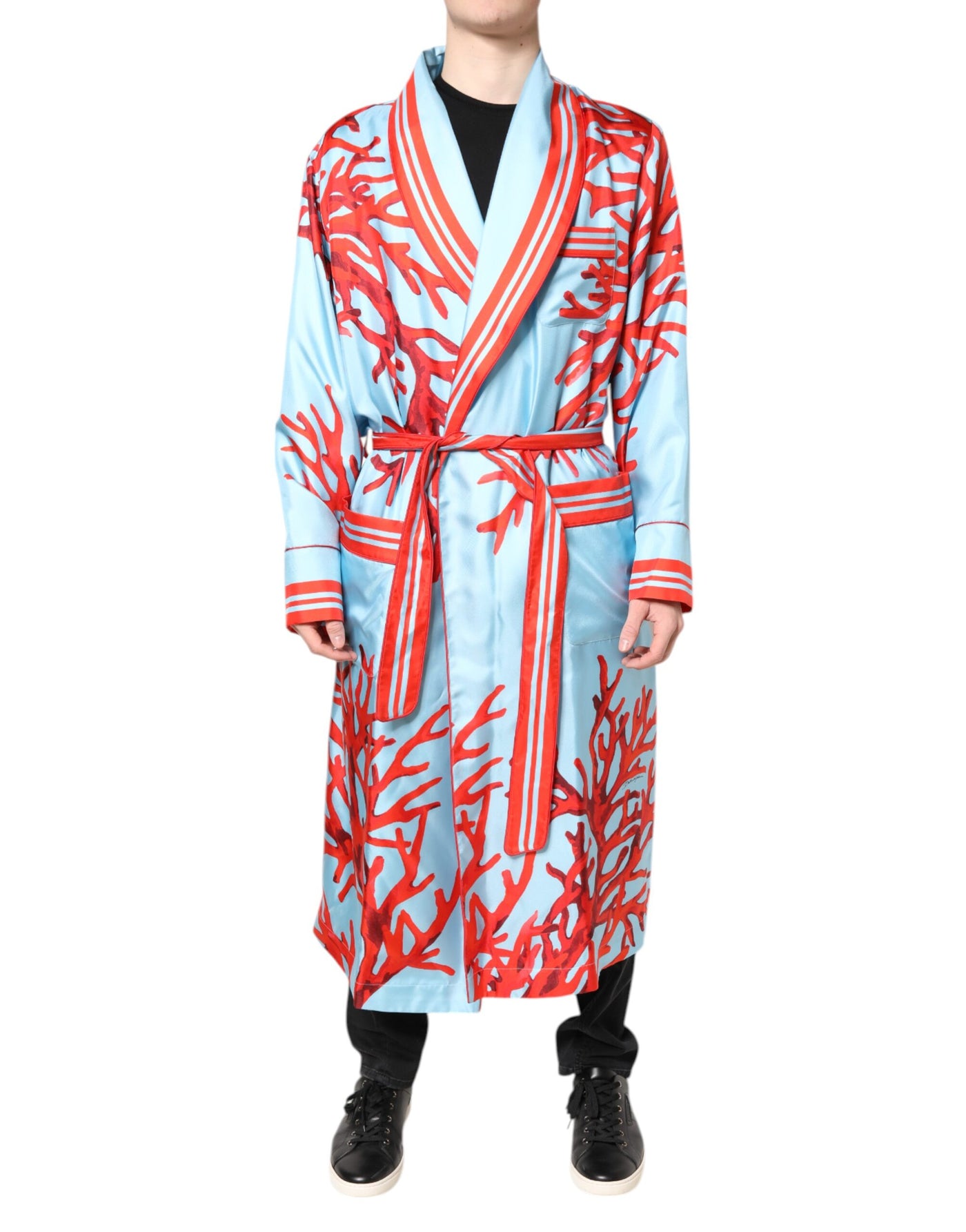 Dolce & Gabbana Blue Red Coral Print Wrap Robe Coat Jacket