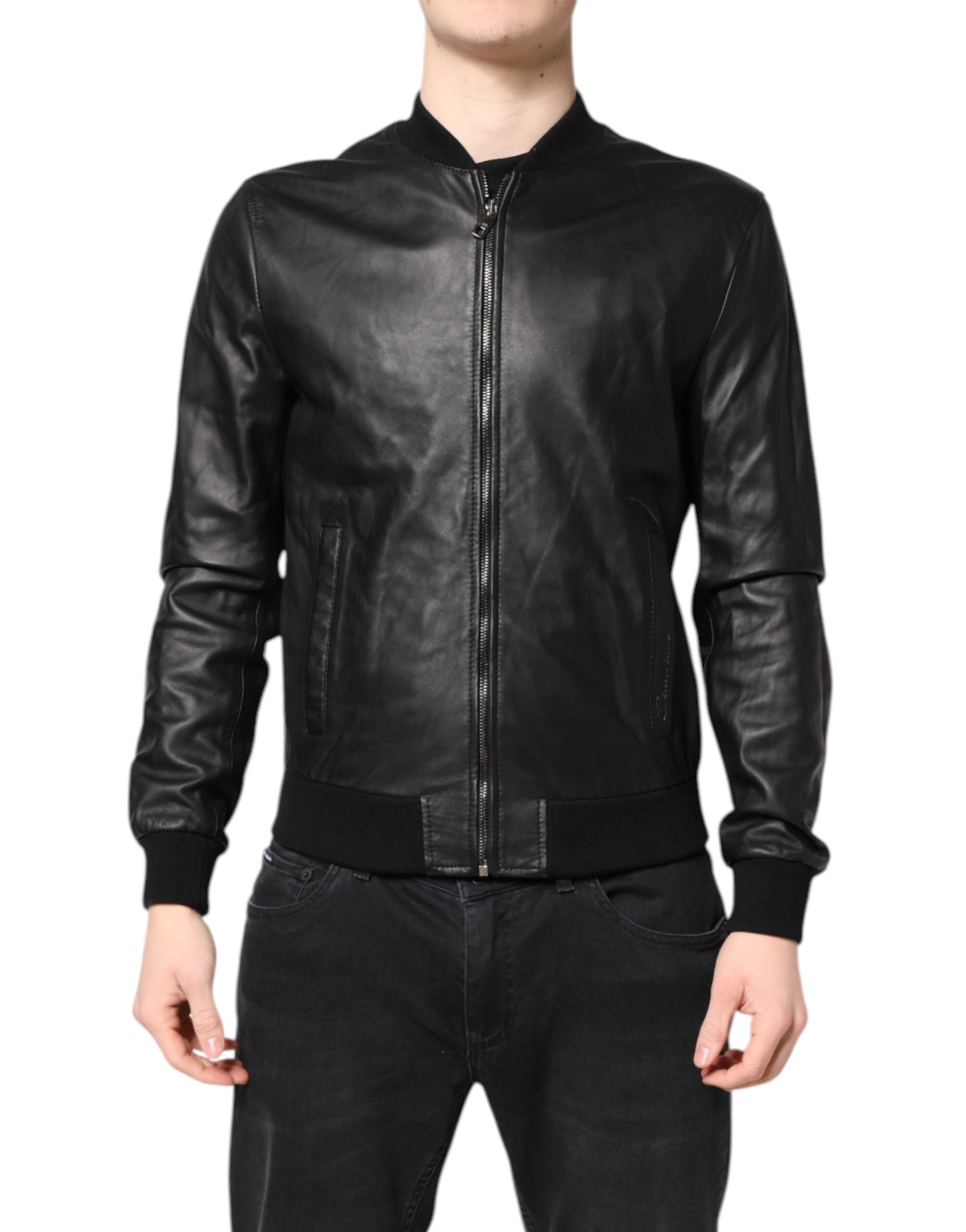Dolce & Gabbana Black Lambskin Leather Full Zip Biker Jacket