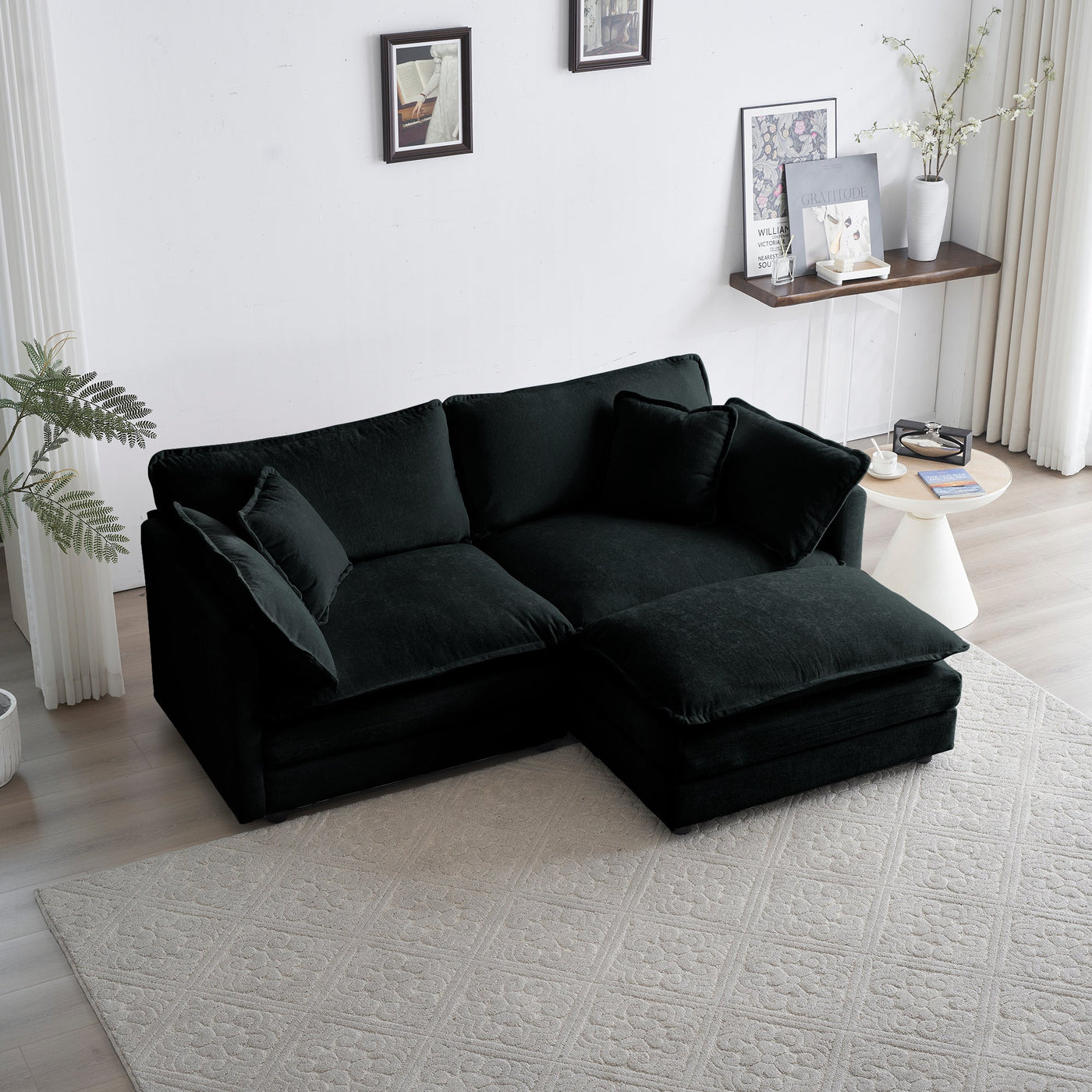 Chenille Two-Seater Sofa with 1 Footrest, 2 Seater L-Shaped Sectional with Ottoman,Loveseat with Ottoman for Small Living Space, Black Chenille