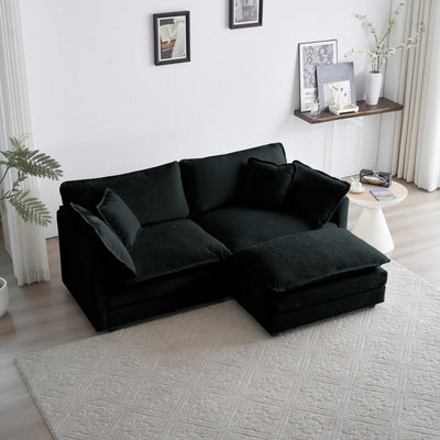 Chenille Two-Seater Sofa with 1 Footrest, 2 Seater L-Shaped Sectional with Ottoman,Loveseat with Ottoman for Small Living Space, Black Chenille