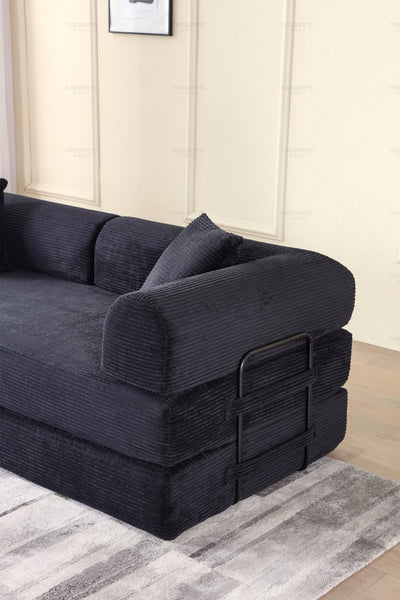 Convertible Sleeper Sofa Bed with Cylindrical Pillow - Corduroy Folding Mattress Couch with Fixed-Shape Frame for Living Room, Bedroom, Lounge, Studio - Black