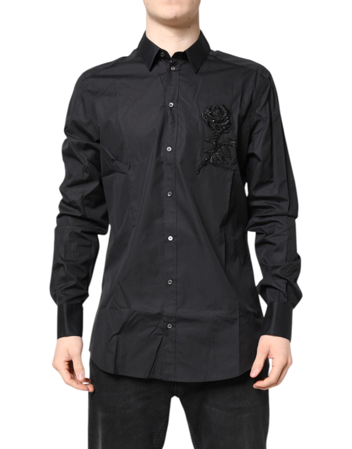 Dolce & Gabbana Black Floral Gold Cotton Dress Formal Shirt