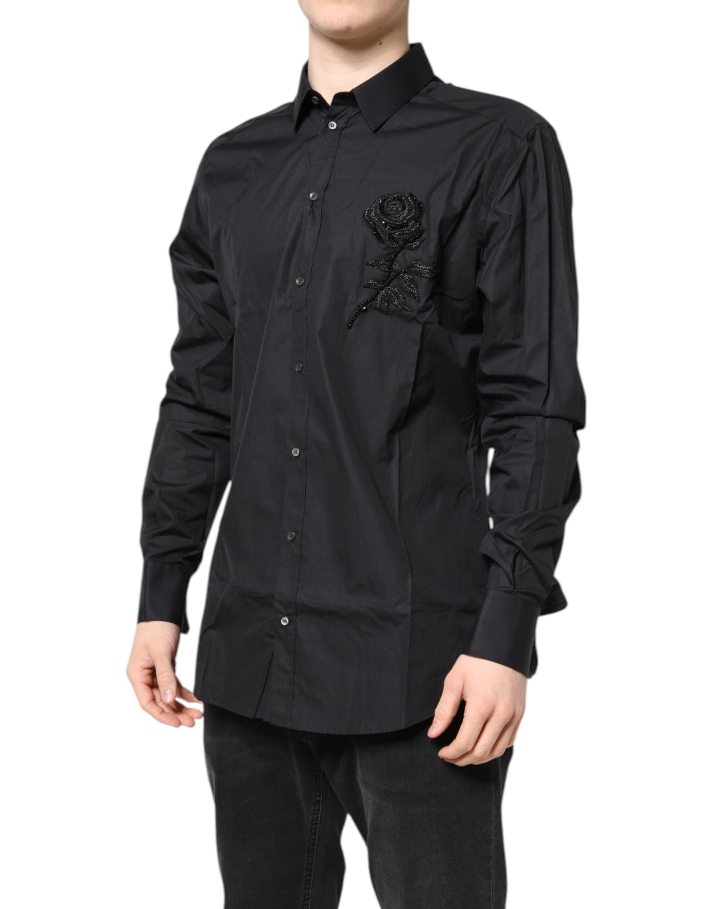 Dolce & Gabbana Black Floral Gold Cotton Dress Formal Shirt