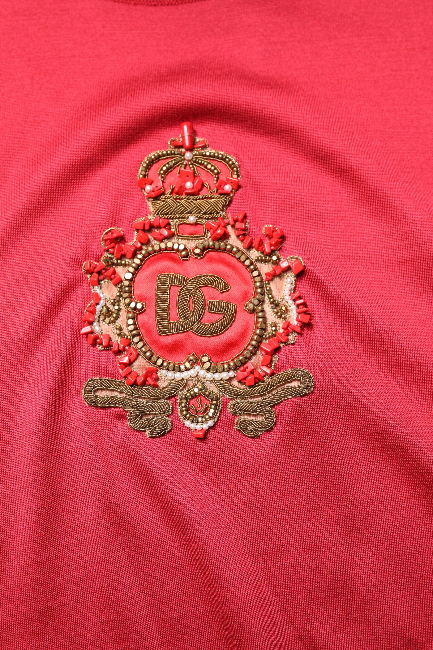 Dolce & Gabbana Red Silk DG Crown Logo Short Sleeve T-shirt