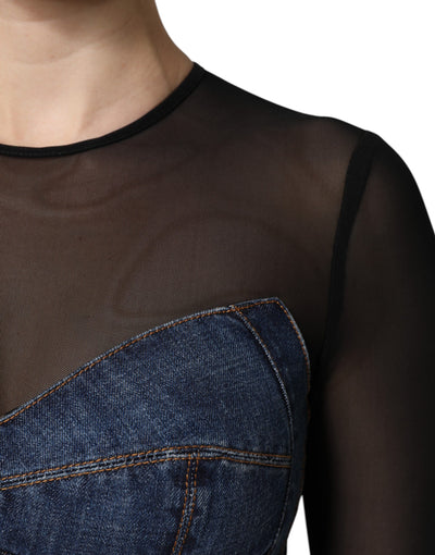 Dolce & Gabbana Black Blue Long Sleeves Denim Mini Dress