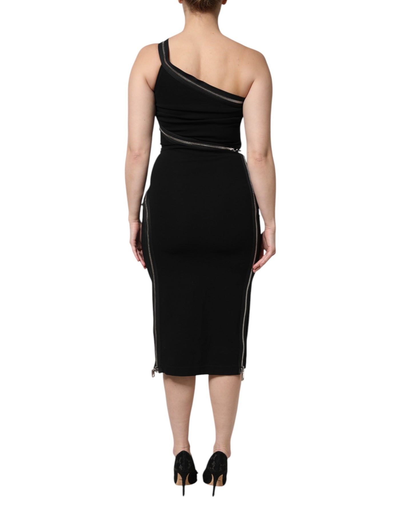 Dolce & Gabbana Black Viscose One Shoulder Zipper Sheath Dress