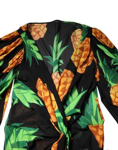 Dolce & Gabbana Black Pineapple Print Silk Wrap Mini Dress