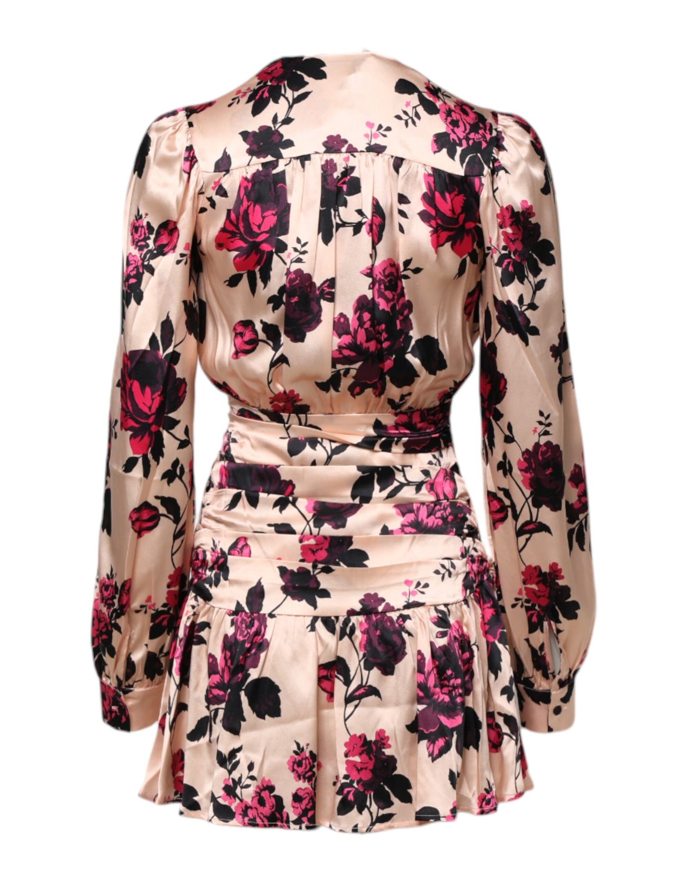 Laneus Pink Floral Silk Long Sleeves V-neck Wrap Mini Dress