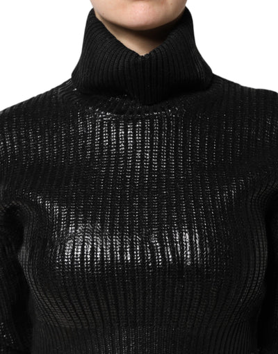 Dolce & Gabbana Black Wool Long Sleeve Turtleneck Cropped Top