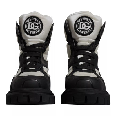 Dolce & Gabbana Black White Padded Mid Calf Lace Up Boots Shoes