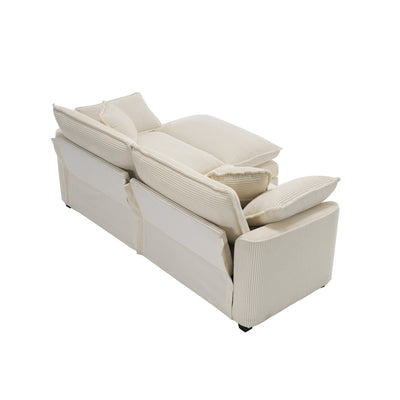 Light Beige Corduroy L-Shaped Two-Seater Sofa with Ottoman for Small Living Spaces