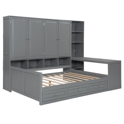 Full Size Wooden Daybed With Three Drawers, and All-in-One Cabinet, Desk and Shelves, Gray