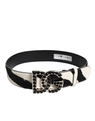 Dolce & Gabbana White Black Leather Zebra DG Crystal Buckle Belt
