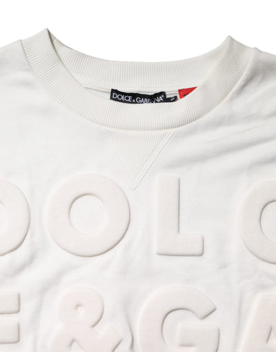 Dolce & Gabbana White Embossed Logo Cotton Crew Neck Sweater