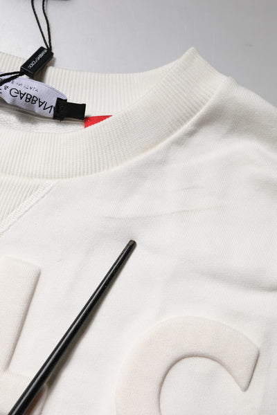 Dolce & Gabbana White Embossed Logo Cotton Crew Neck Sweater