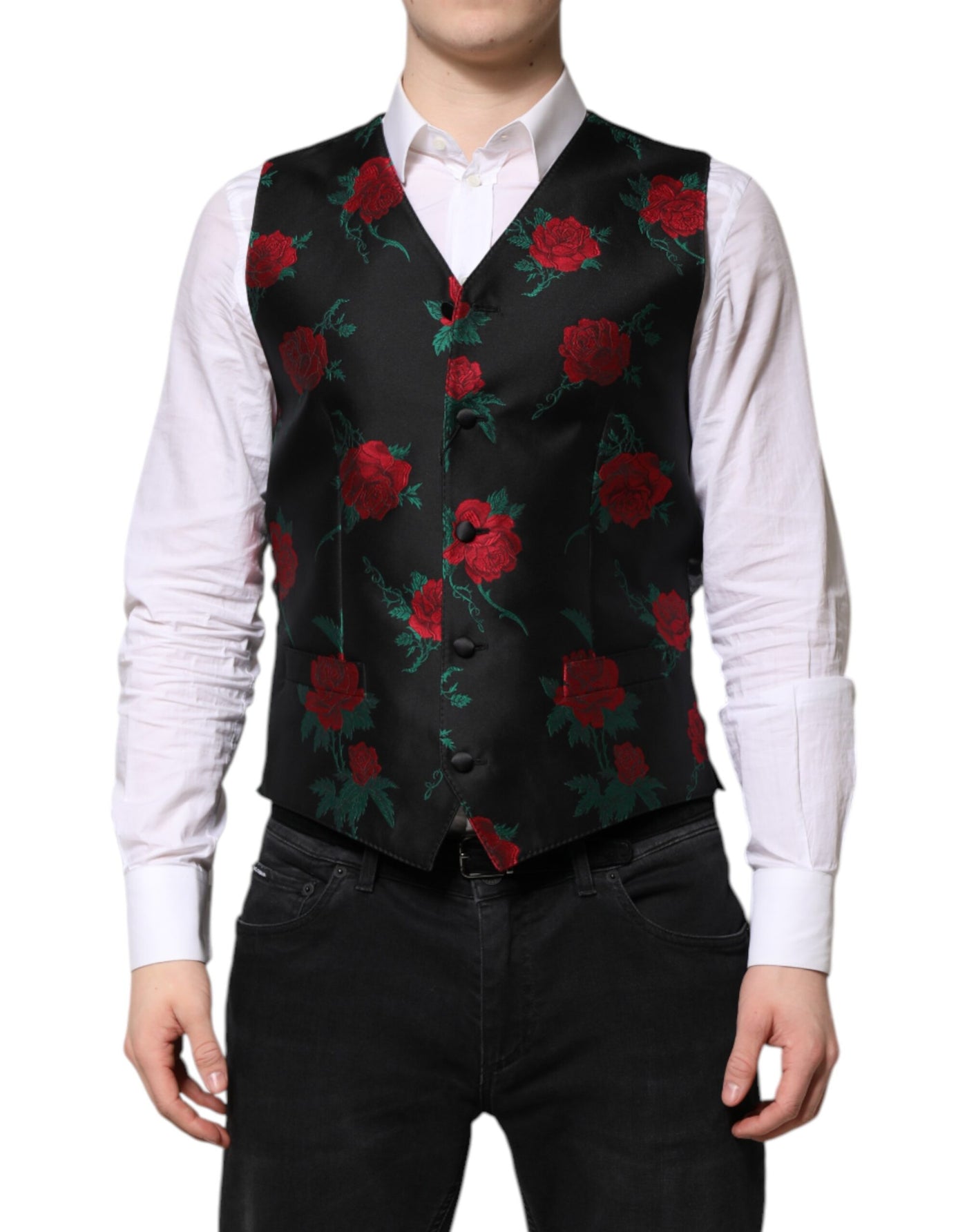 Dolce & Gabbana Red Floral Brocade Formal Men Waistcoat Vest