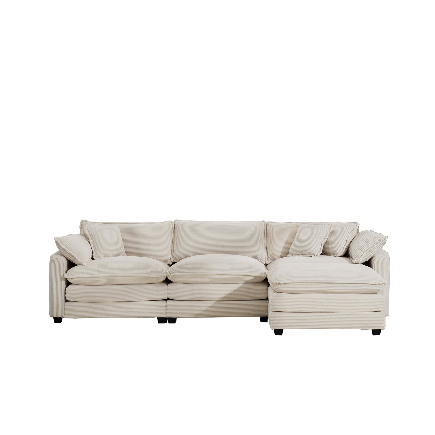 Classic & Modern Sectional Sofa with Ottoman - Light Beige Corduroy Upholstered 3-Seat Couch for Living Room