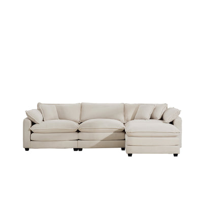 Classic & Modern Sectional Sofa with Ottoman - Light Beige Corduroy Upholstered 3-Seat Couch for Living Room