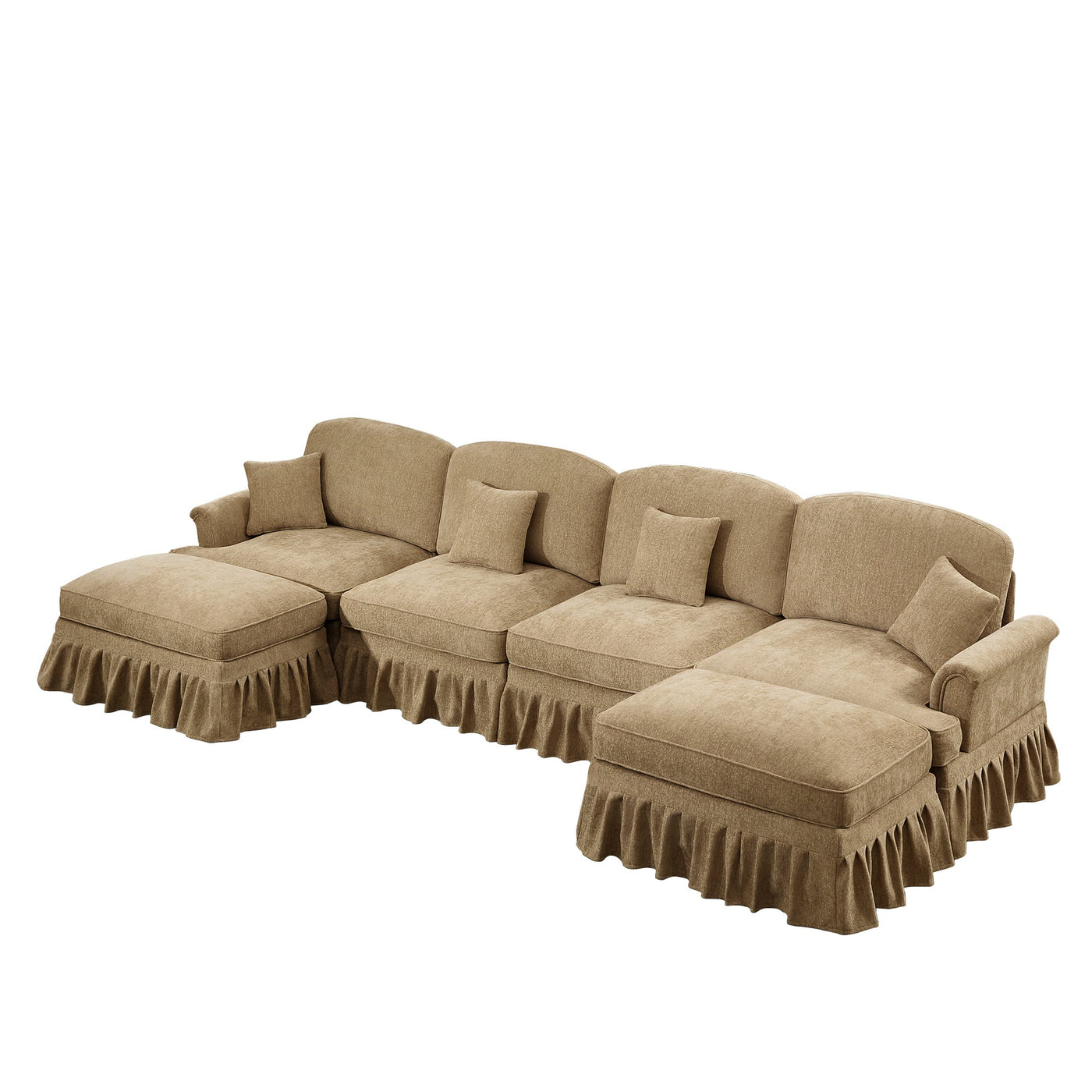 Classic U Shape 4 Seater Modular Sectional Sofa Couch with Flared Arms and Removable Ruffles Pleats Skirts and Spindle Legs, Chenille Deep Seat Cloud Sofa with Movable Ottomans, Light Coffee