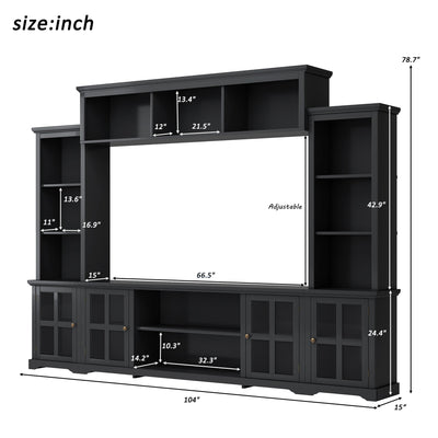 [VIDEO provided] ON-TREND Minimalism Entertainment Wall Unit with Bridge, Modern TV Console Table for TVs Up to 70', Multifunctional TV Stand with Tempered Glass Door, Black (Old SKU: SD000009AAB)