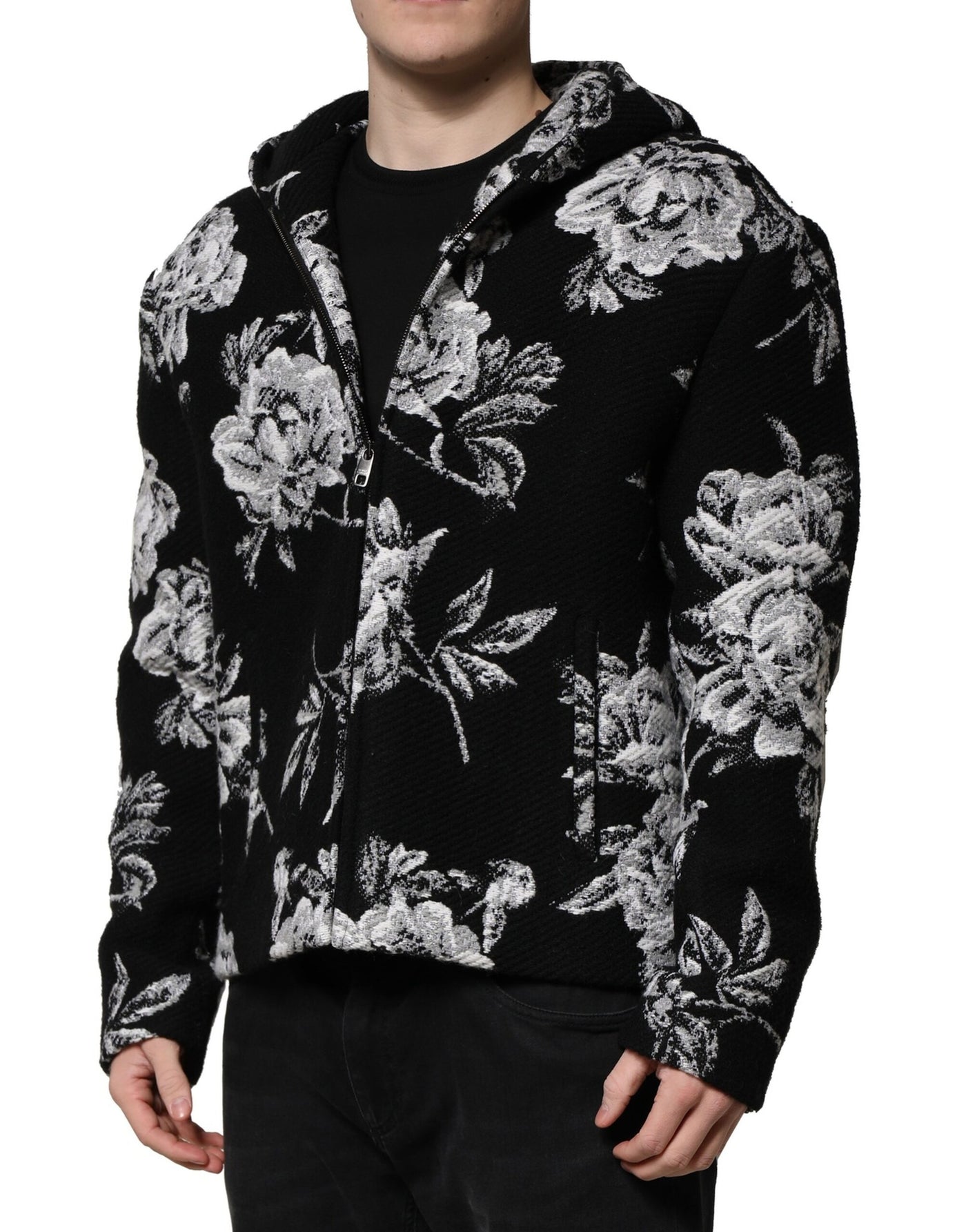 Dolce & Gabbana Black Wool Floral Printed Men Hooded Jacket